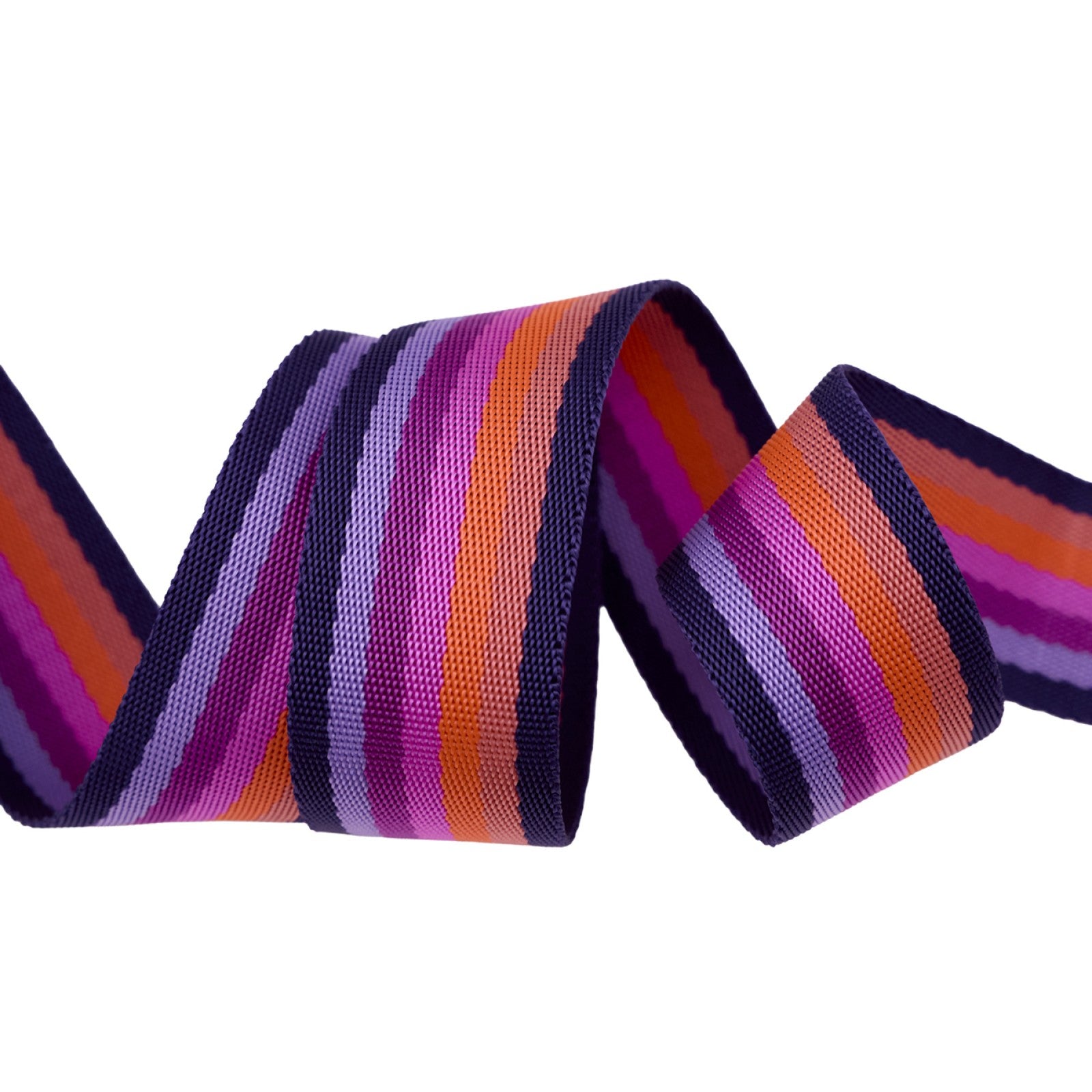 Tula Pink Floral Reef Smooth Sailing webbing in Ultraviolet from Renaissance Ribbons, a 1-1/2 inch woven polyester strap looped on white, striped in deep aubergine, magenta, orange, and lavender.