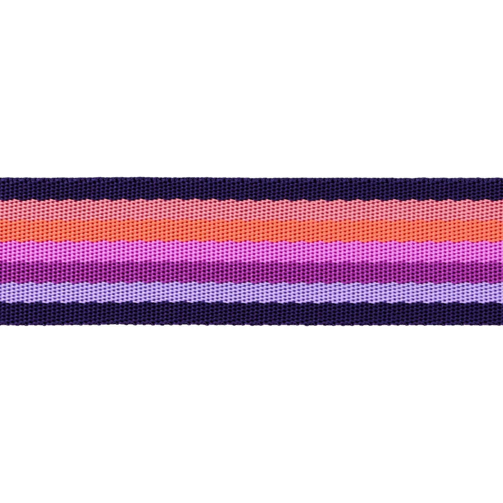 Flat close view of the Ultraviolet Smooth Sailing webbing, 1-1/2 inch wide, showing the yarn-dyed woven stripes and the textured weave.