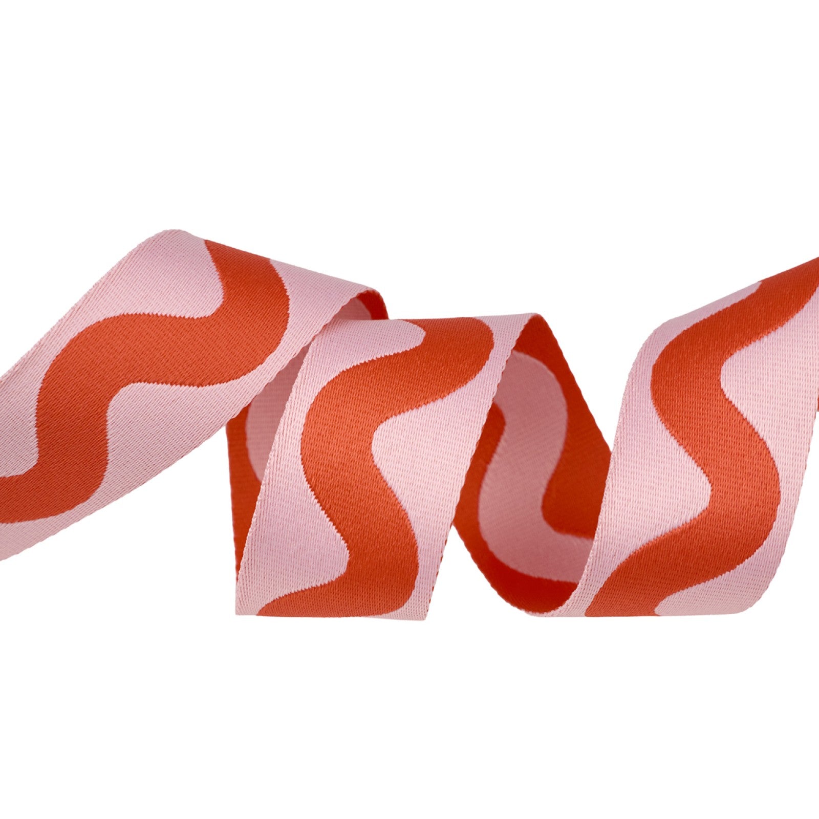 Tula Pink Floral Reef Big Squiggle webbing in Coralline from Renaissance Ribbons, a 1-1/2 inch woven polyester strap twisting on white to show a coral squiggle on pale pink and the reverse, pink on coral.