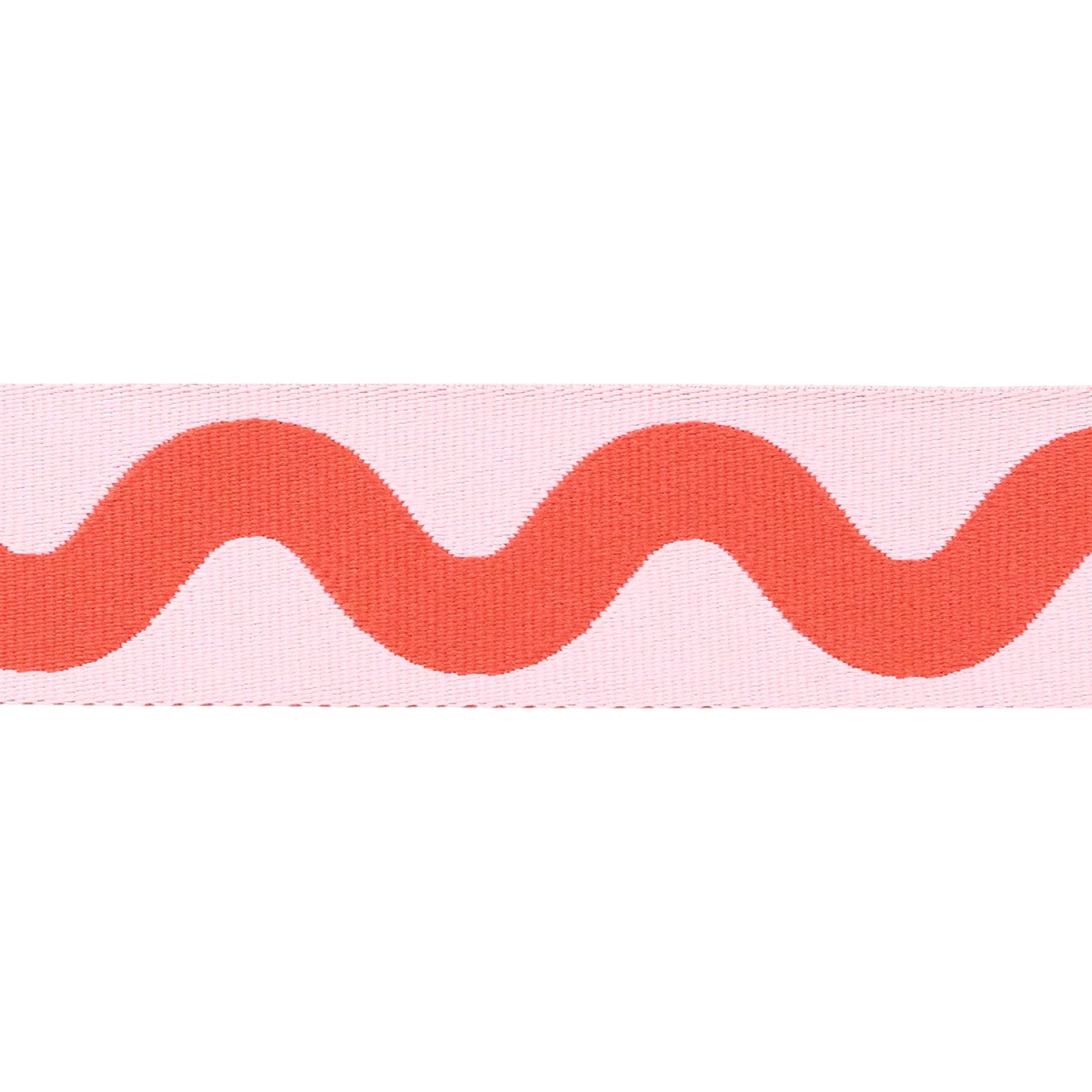 Flat close view of the Coralline Big Squiggle webbing, 1-1/2 inch wide, showing the woven two-color squiggle and the textured weave.