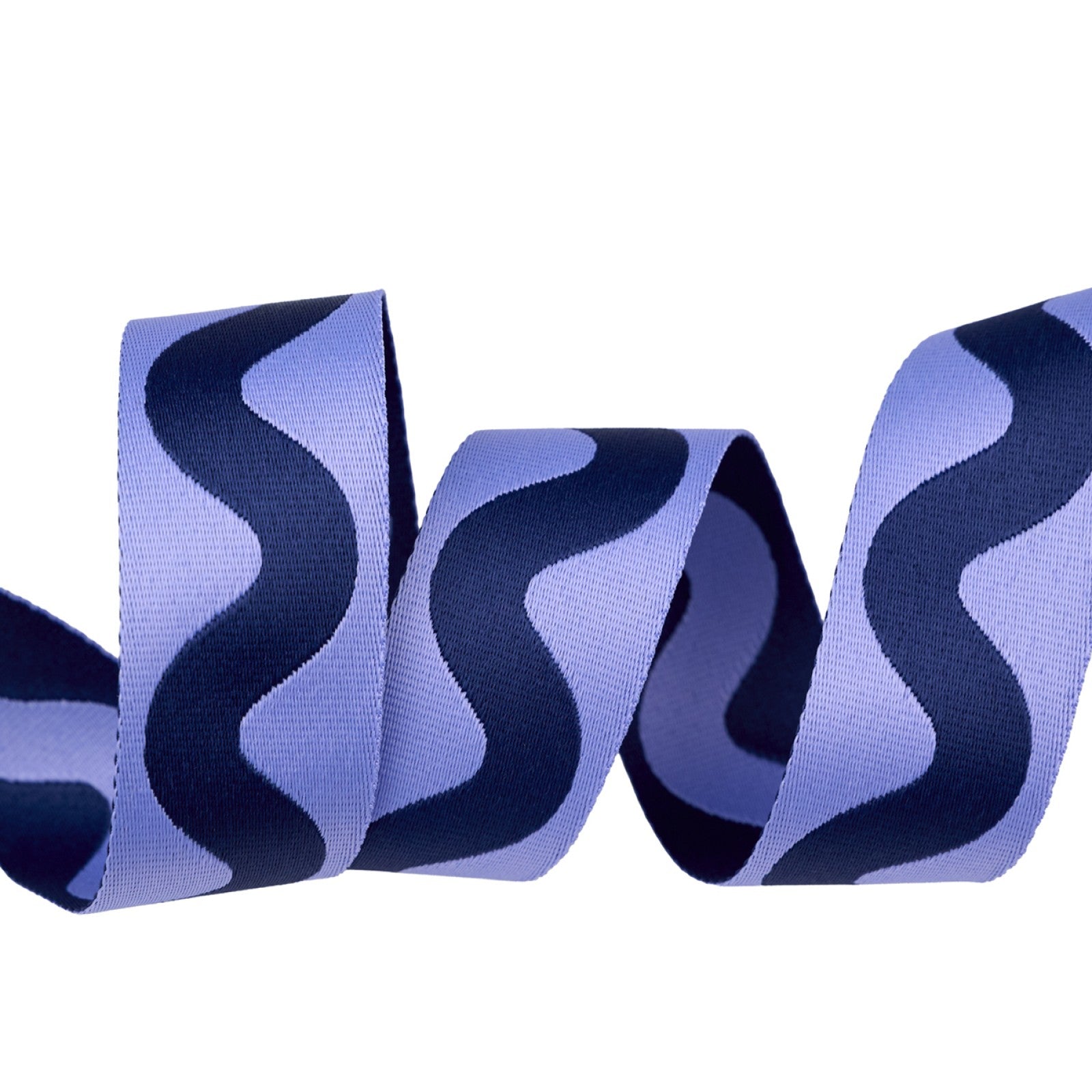 Tula Pink Floral Reef Big Squiggle webbing in Marine from Renaissance Ribbons, a 1-1/2 inch woven polyester strap twisting on white to show a navy squiggle on cornflower blue and the reverse, blue on navy.