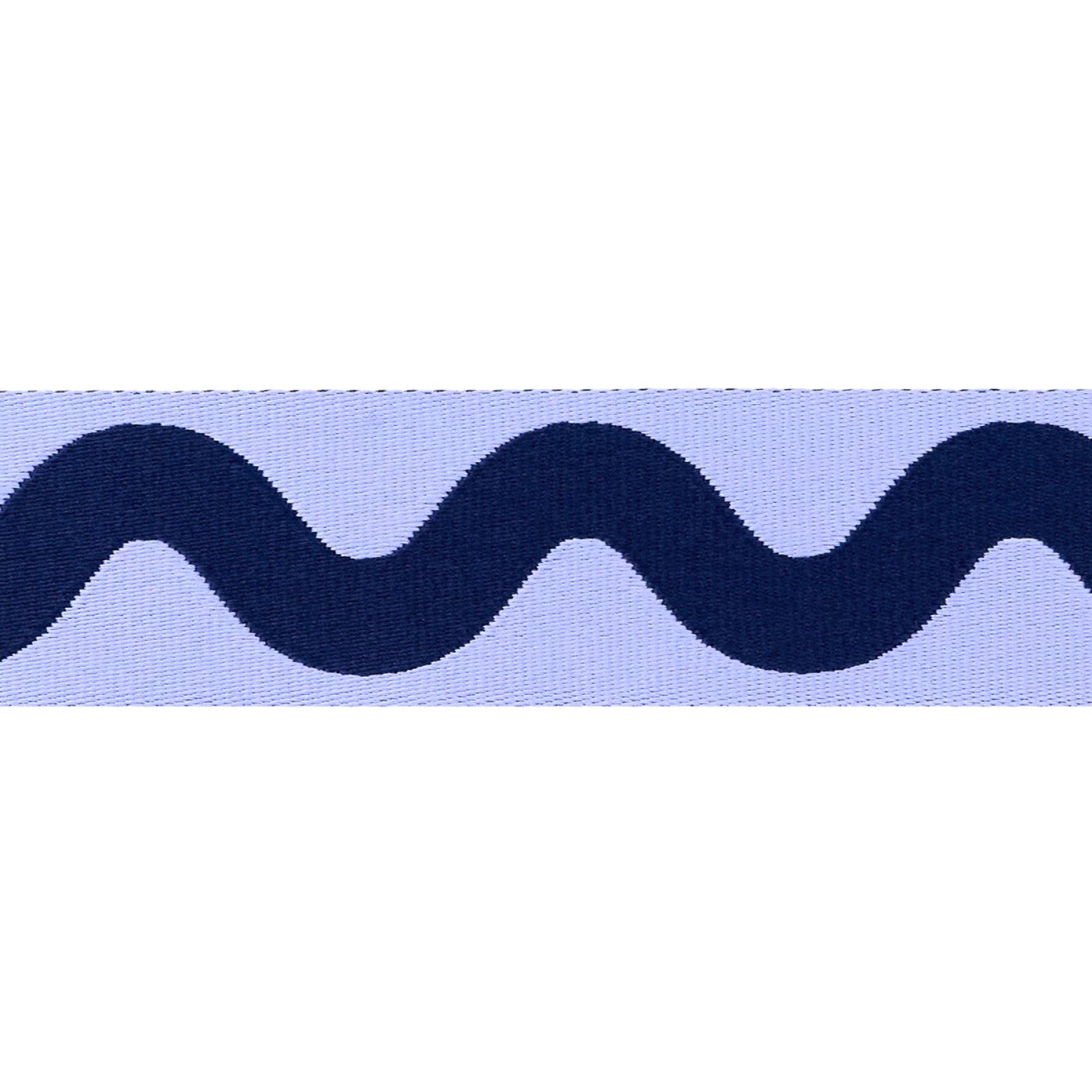 Flat close view of the Marine Big Squiggle webbing, 1-1/2 inch wide, showing the woven two-color squiggle and the textured weave.