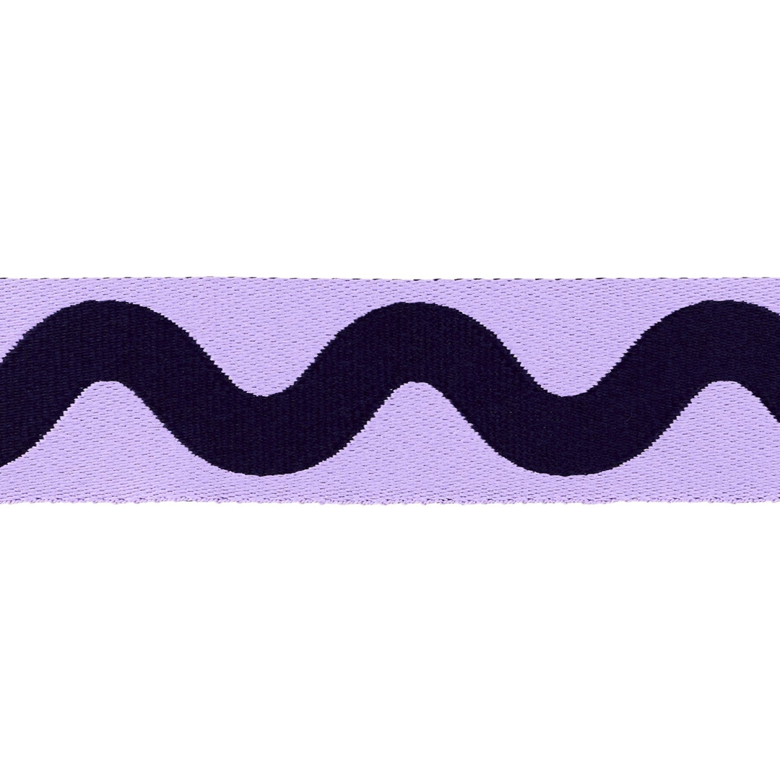 Flat close view of the Ultraviolet Big Squiggle webbing, 1-1/2 inch wide, showing the woven two-color squiggle and the textured weave.