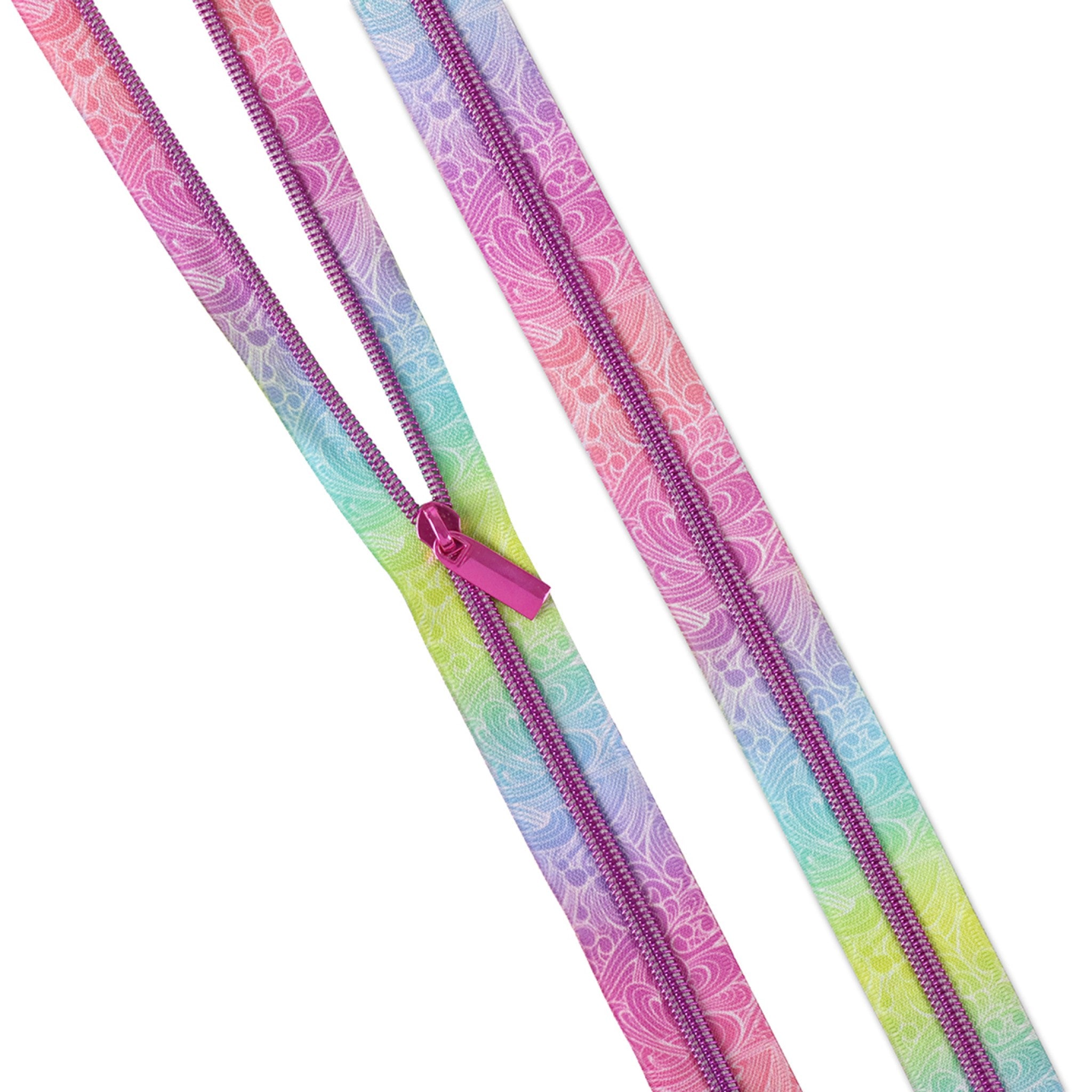 Tula Pink Making Waves #5 zipper tape showing soft pastel gradient floral print flowing from pink through purple, teal, and green, with hot pink metallic coils and pull, from the Sallie Tomato Floral Reef Collection