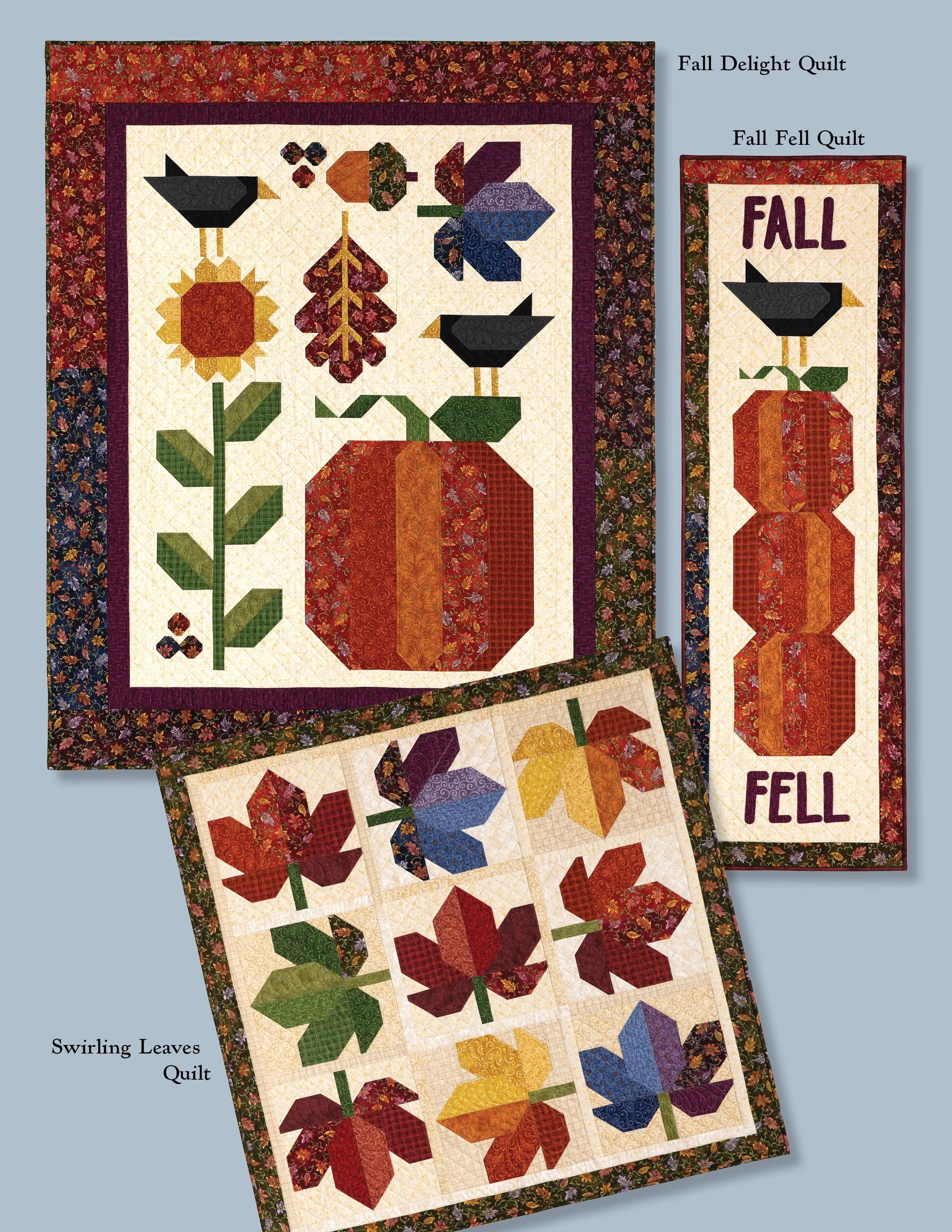 Interior page of the Autumn Breeze quilt pattern book by Nancy Halvorsen of Art to Heart showing three projects: the Fall Delight quilt with a blackbird, acorn, and large pumpkin; the Fall Fell table runner of stacked pumpkins under FALL FELL lettering; and the Swirling Leaves quilt of nine scrappy patchwork autumn leaf blocks.
