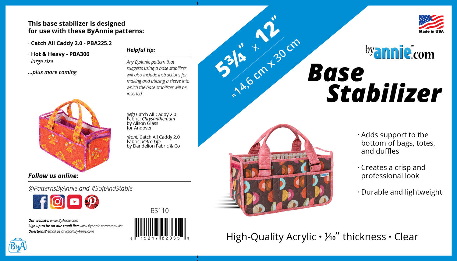 Bag Base Stabilizer 5-3/4 Inch x 12 Inch by Annie Unrein for ByAnnie