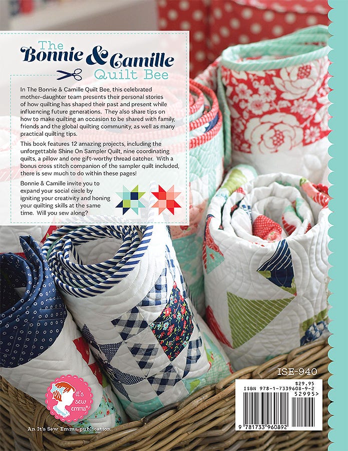Back cover of The Bonnie & Camille Quilt Bee from It's Sew Emma, folded quilts in a basket with the book blurb and the It's Sew Emma Patterns logo.