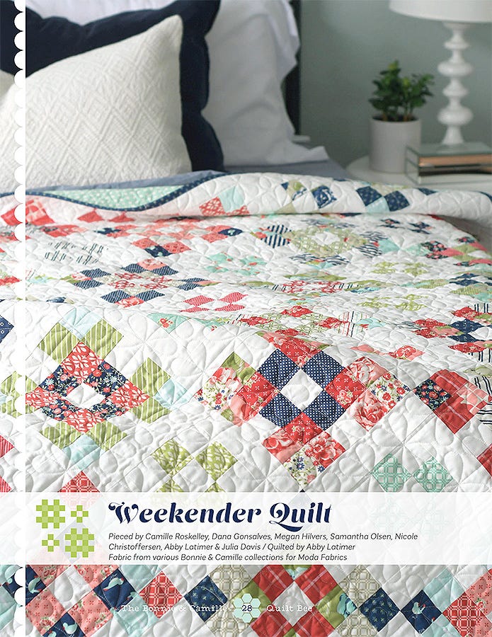 Weekender Quilt from The Bonnie & Camille Quilt Bee, scrappy blocks in red, aqua, and navy on a white background.