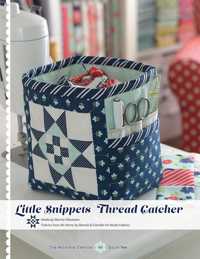 Little Snippets Thread Catcher from The Bonnie & Camille Quilt Bee, a small pieced fabric bin in navy and cream prints.