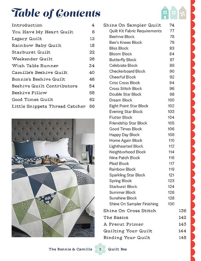Table of contents from The Bonnie & Camille Quilt Bee, listing the twelve projects and the Shine On Sampler blocks with page numbers.