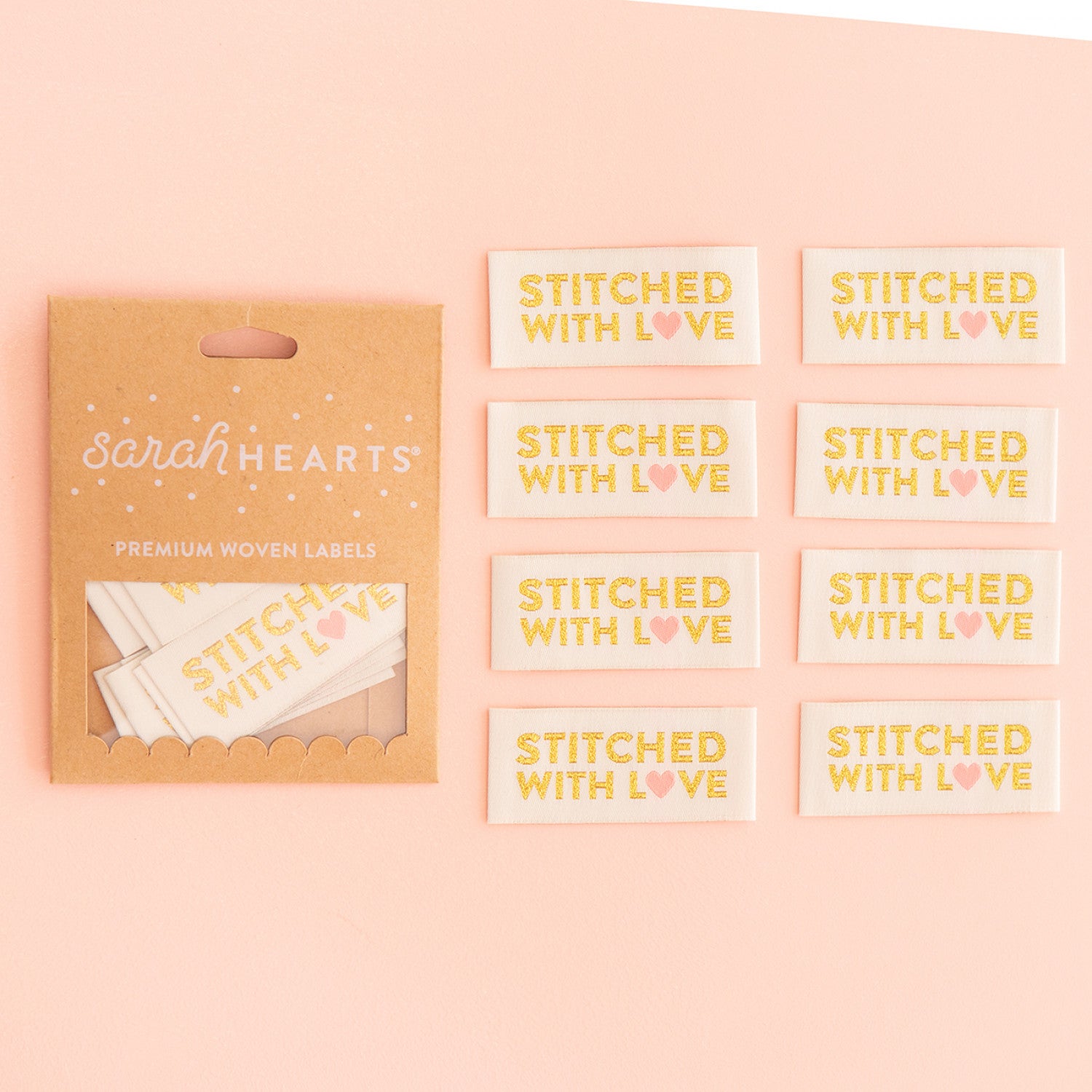 STITCHED WITH LOVE Gold Premium Woven Label 8-Pack from Sarah Hearts
