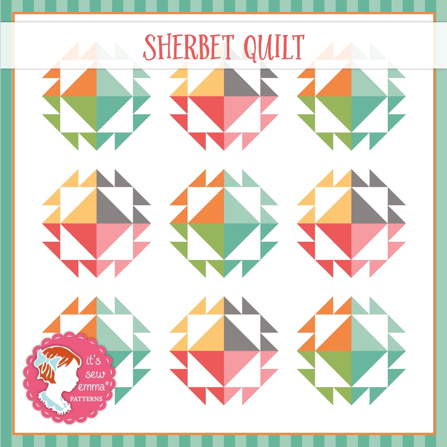 The Sherbet quilt from The Cake Mix Quilt Book Volume One, painterly half-square-triangle blocks in coral, teal, orange, and grey.