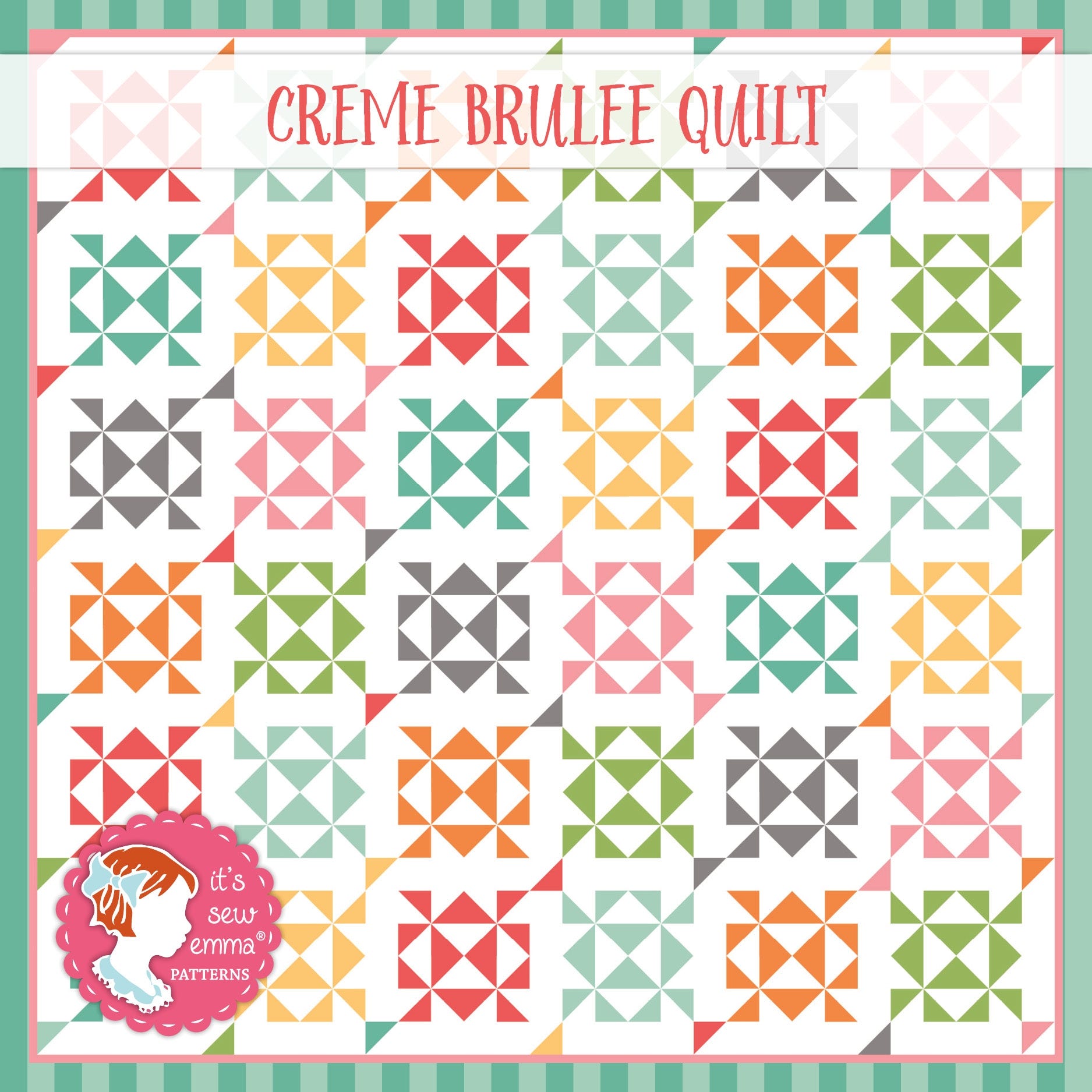 The Creme Brulee quilt from The Cake Mix Quilt Book Volume One, a scrappy half-square-triangle sampler in soft multicolor prints.