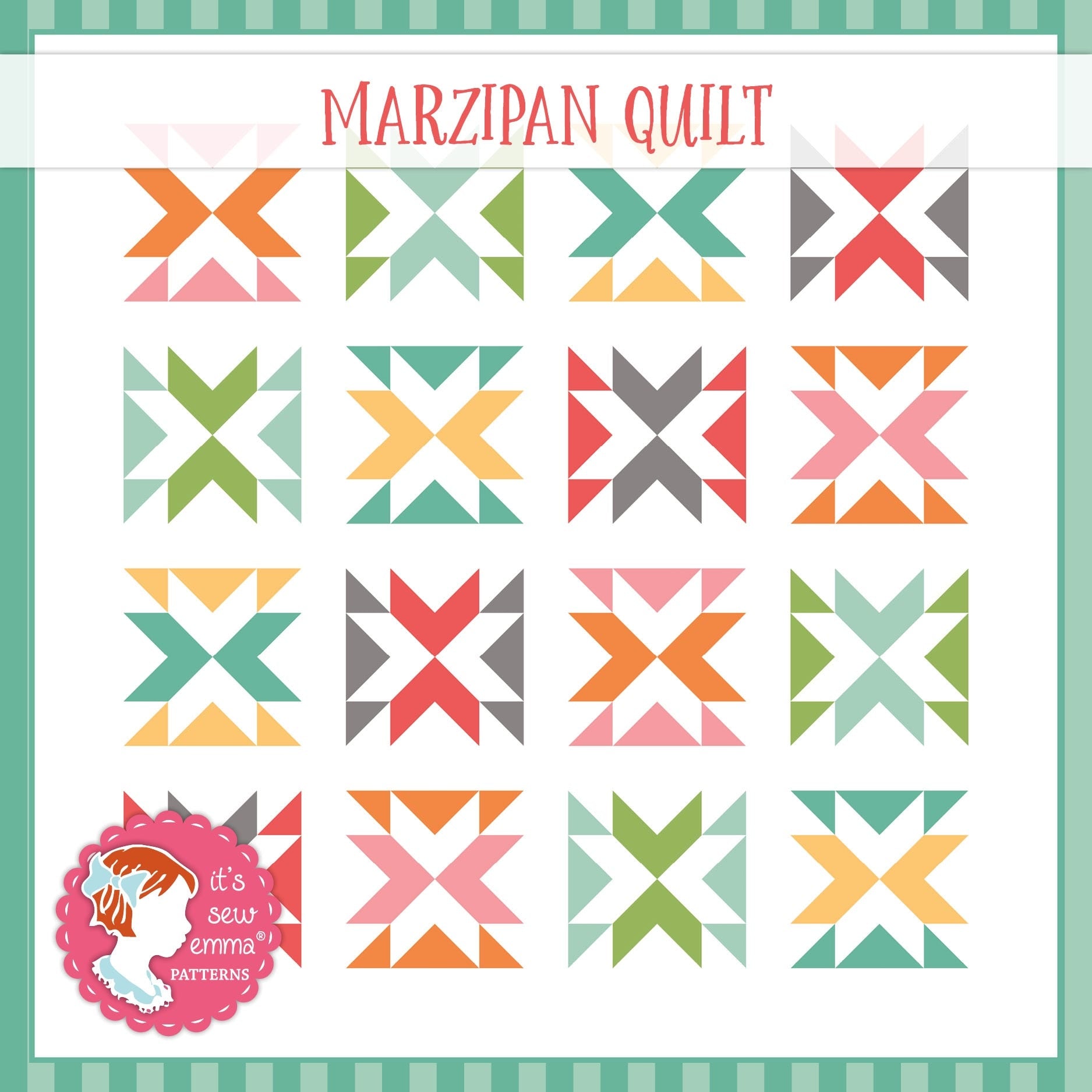 The Marzipan quilt from The Cake Mix Quilt Book Volume One, bold X-shaped half-square-triangle blocks in green, coral, orange, and grey on white.