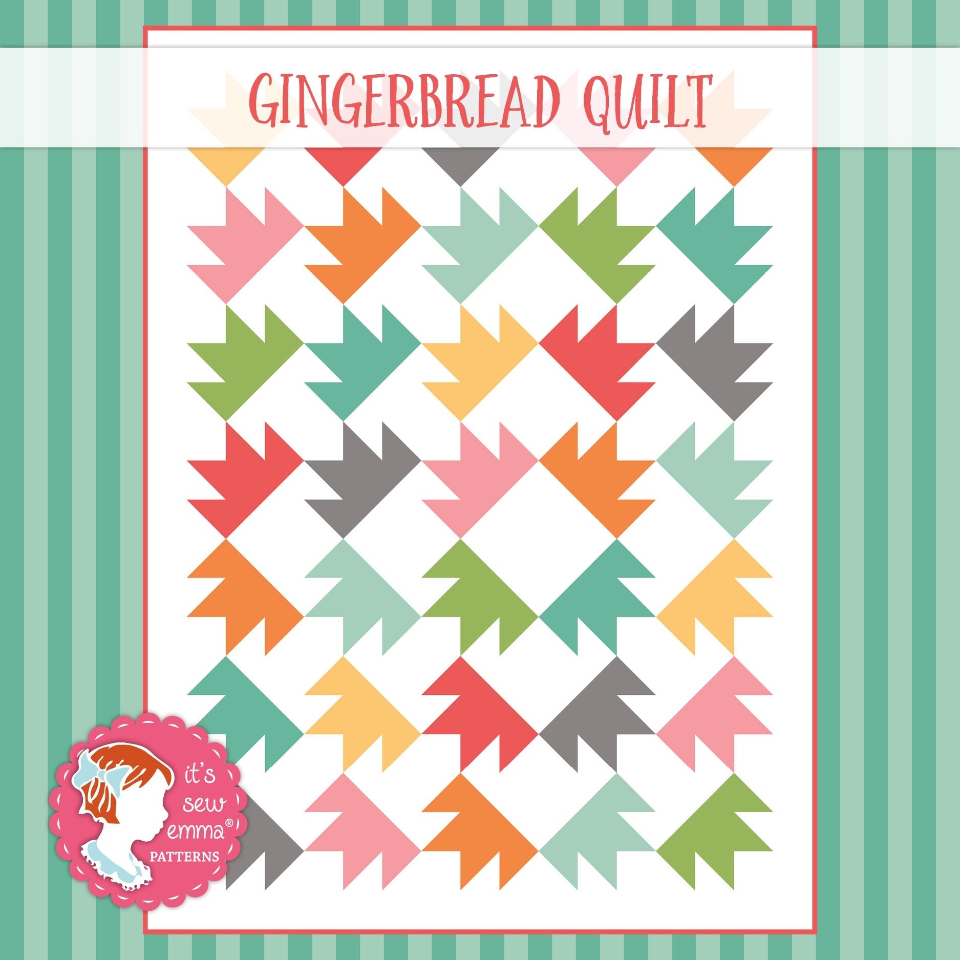 The Gingerbread quilt from The Cake Mix Quilt Book Volume One, half-square triangles in green, coral, orange, and grey arranged in a leaf and tree motif.