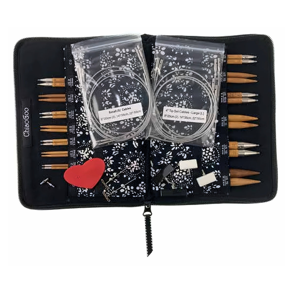 ChiaoGoo SPIN Bamboo 4-Inch Complete Set open: 13 pairs of patina bamboo tips in labeled pockets, silver SWIV360 cables in two labeled bags, [S] and [L], with end stoppers, connectors, tightening keys, and a heart-shaped rubber gripper