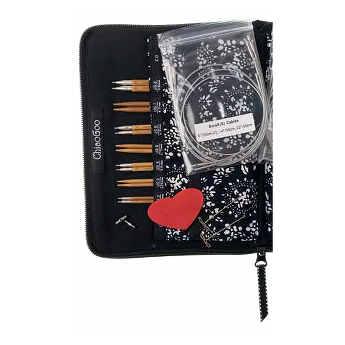ChiaoGoo SPIN Bamboo 4-Inch Small Set contents: 7 pairs of US-2 to US-8 patina bamboo tips in labeled pockets, the bag of silver SWIV360 [S] cables, tightening keys, and a heart-shaped rubber gripper, shown in the Complete Set case