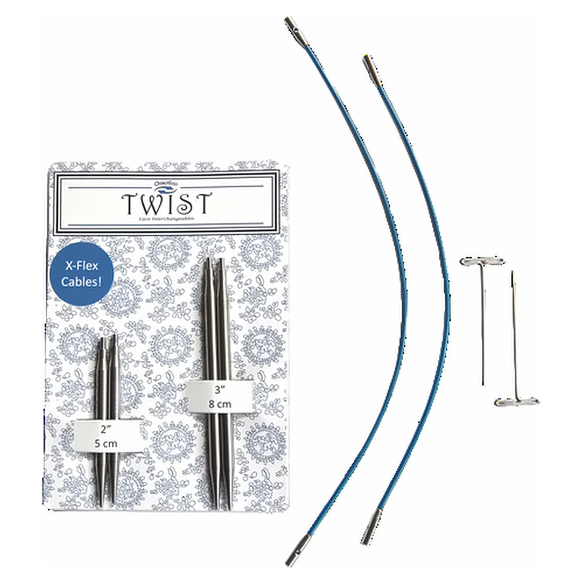 ChiaoGoo TWIST Shorties X-Flex Combo Pack, US-4 to US-8: a 2-inch and a 3-inch pair of stainless steel lace tips on the blue TWIST card marked X-Flex Cables, with two blue X-Flex cables and two T-shaped tightening keys