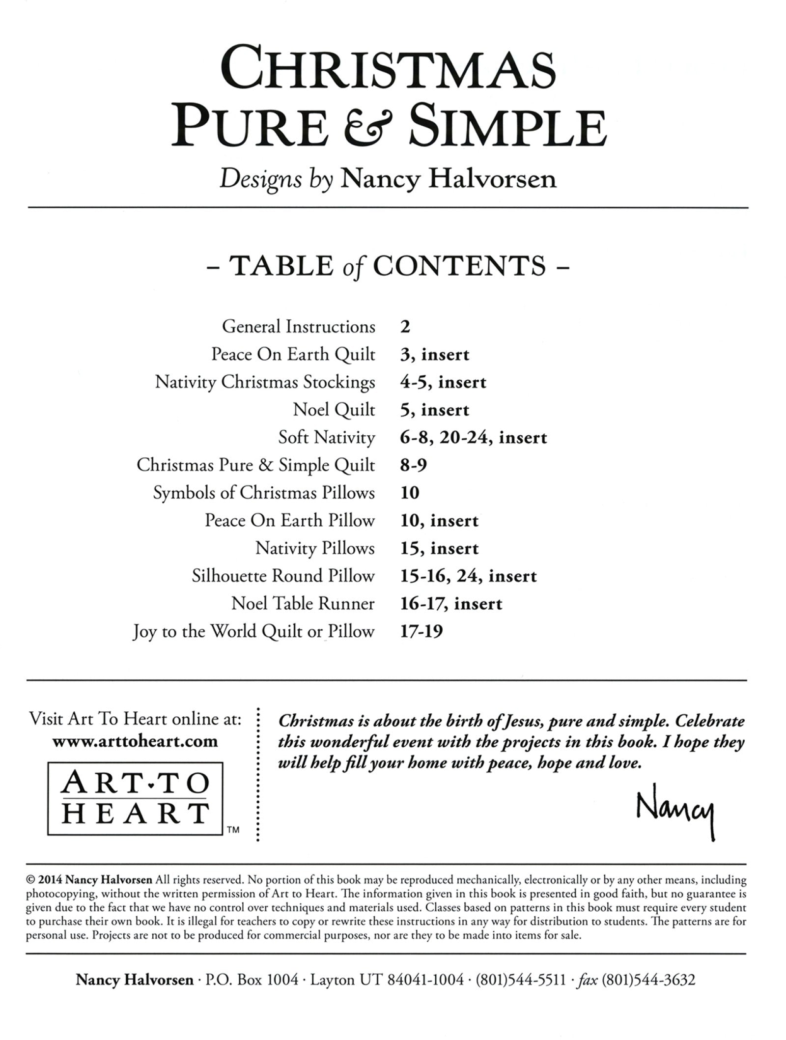 Table of contents page of the Christmas Pure And Simple quilt pattern book by Nancy Halvorsen of Art to Heart, listing the projects and their page numbers.