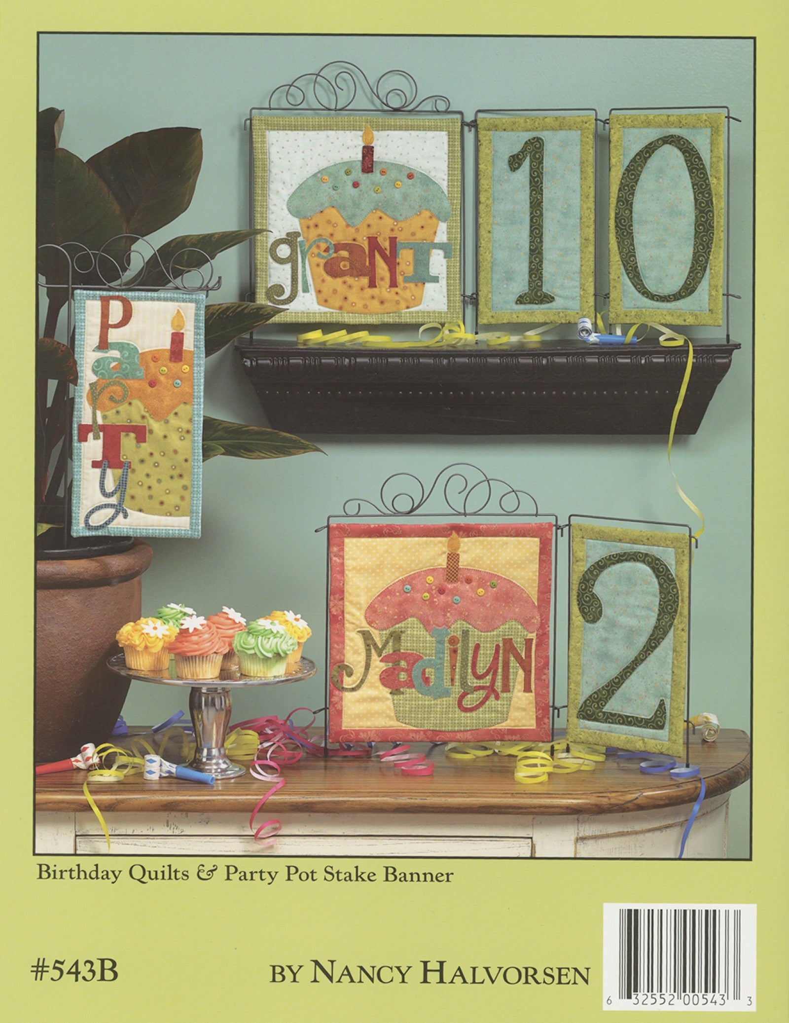 Back cover of the Count On It quilt pattern book by Nancy Halvorsen of Art to Heart, showing Birthday Quilts and a Party pot stake banner with appliqued candles and numbers. Marked number 543B by Nancy Halvorsen.