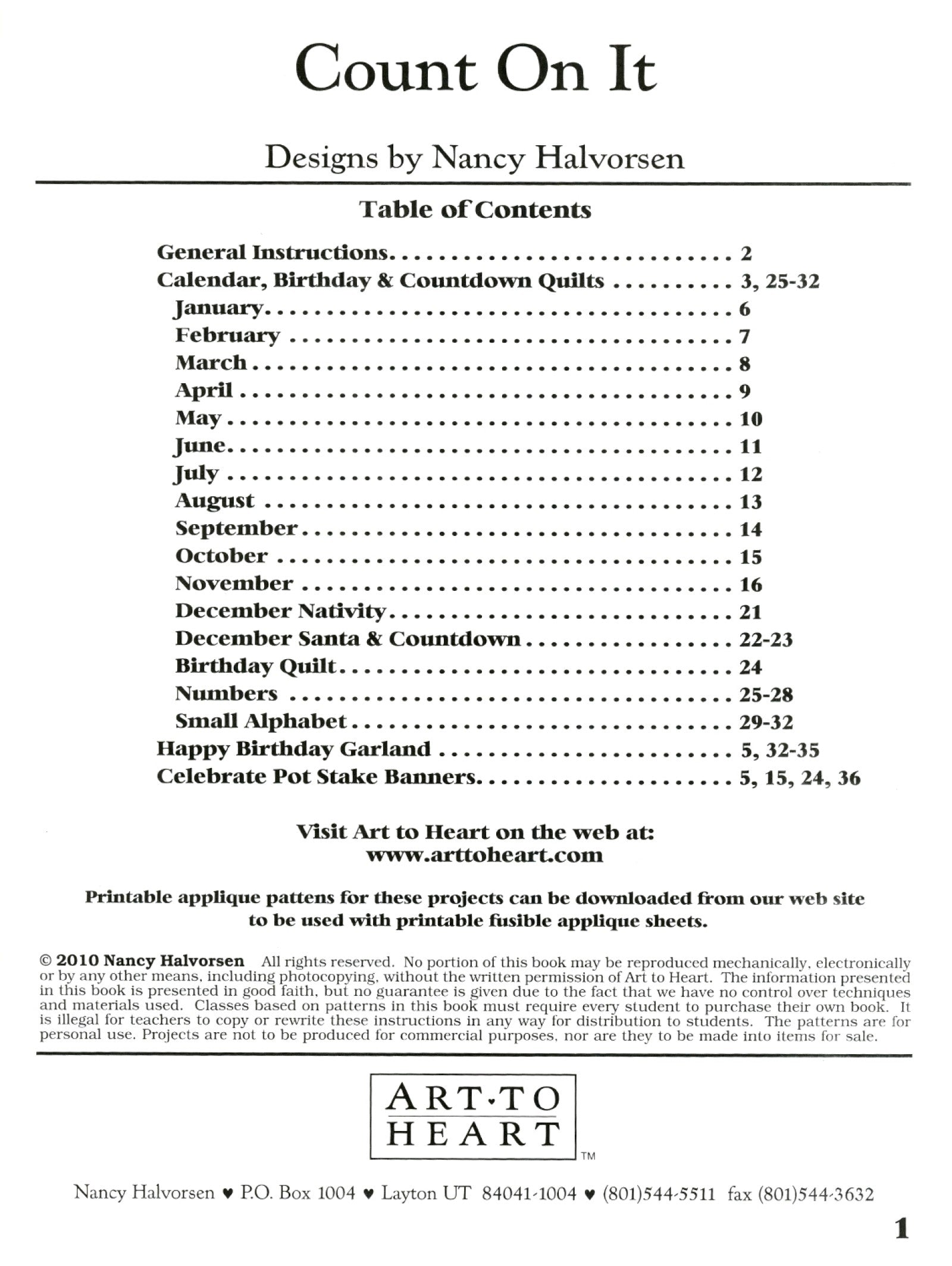 Table of contents page of the Count On It quilt pattern book by Nancy Halvorsen of Art to Heart, listing the projects and their page numbers.