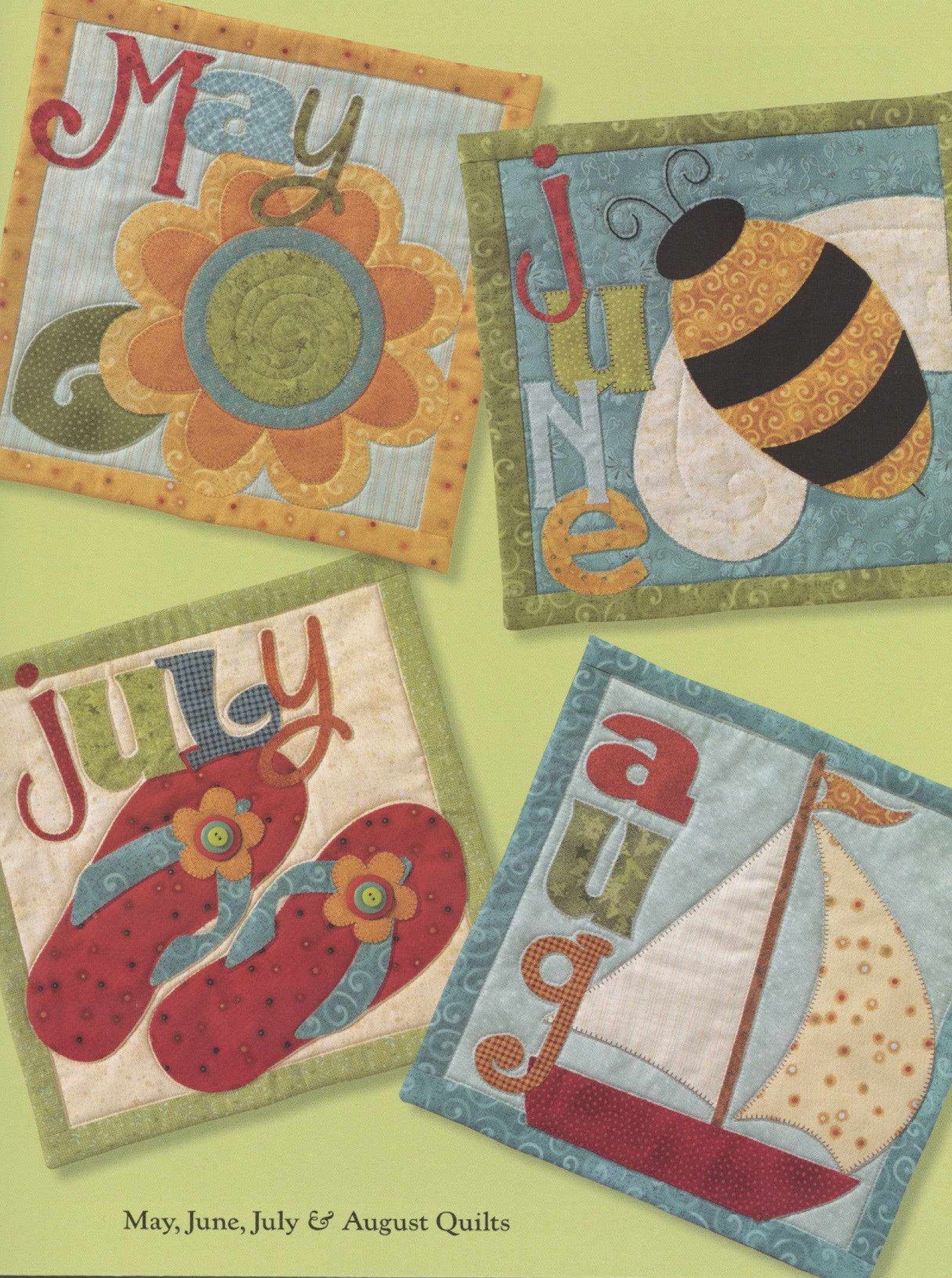 Interior page of the Count On It quilt pattern book by Nancy Halvorsen of Art to Heart, showing the May, June, July, and August quilts with appliqued flower, bee, flip flop, and sailboat blocks.