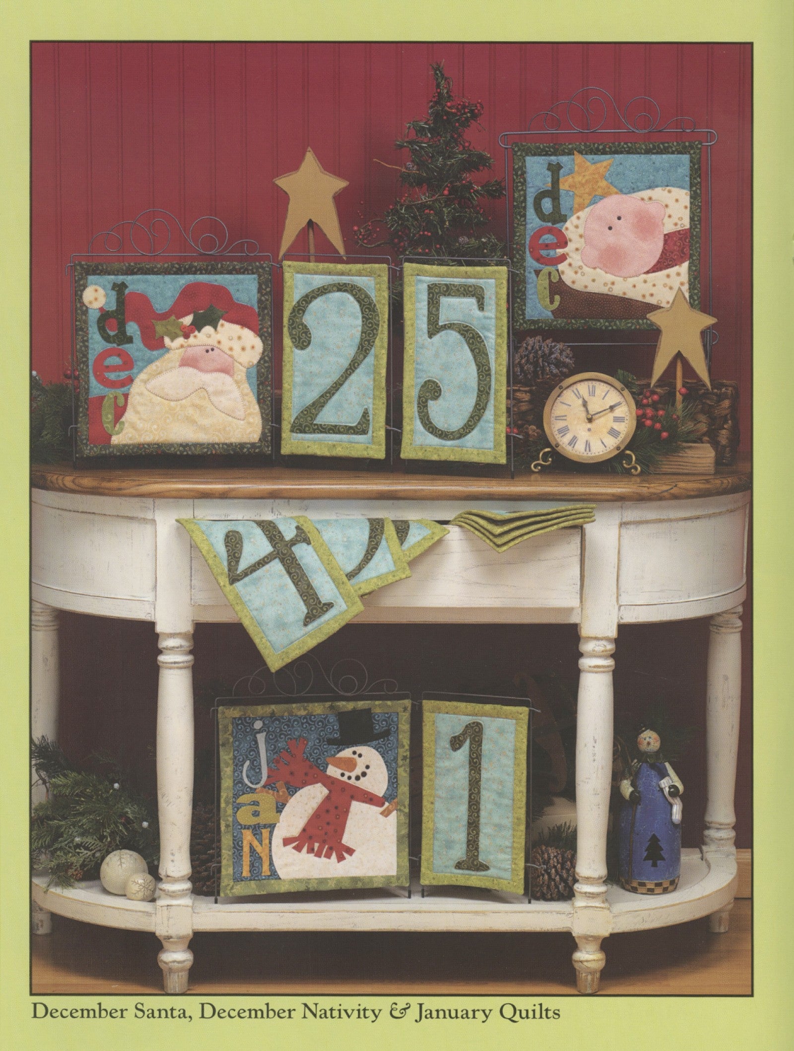 Interior page of the Count On It quilt pattern book by Nancy Halvorsen of Art to Heart, showing the December Santa, December Nativity, and January quilts.