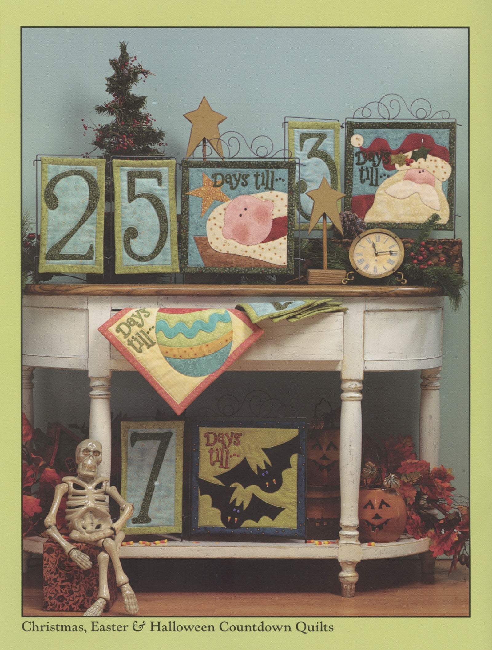Interior page of the Count On It quilt pattern book by Nancy Halvorsen of Art to Heart, showing the Christmas, Easter, and Halloween countdown quilts with days-till numbers.