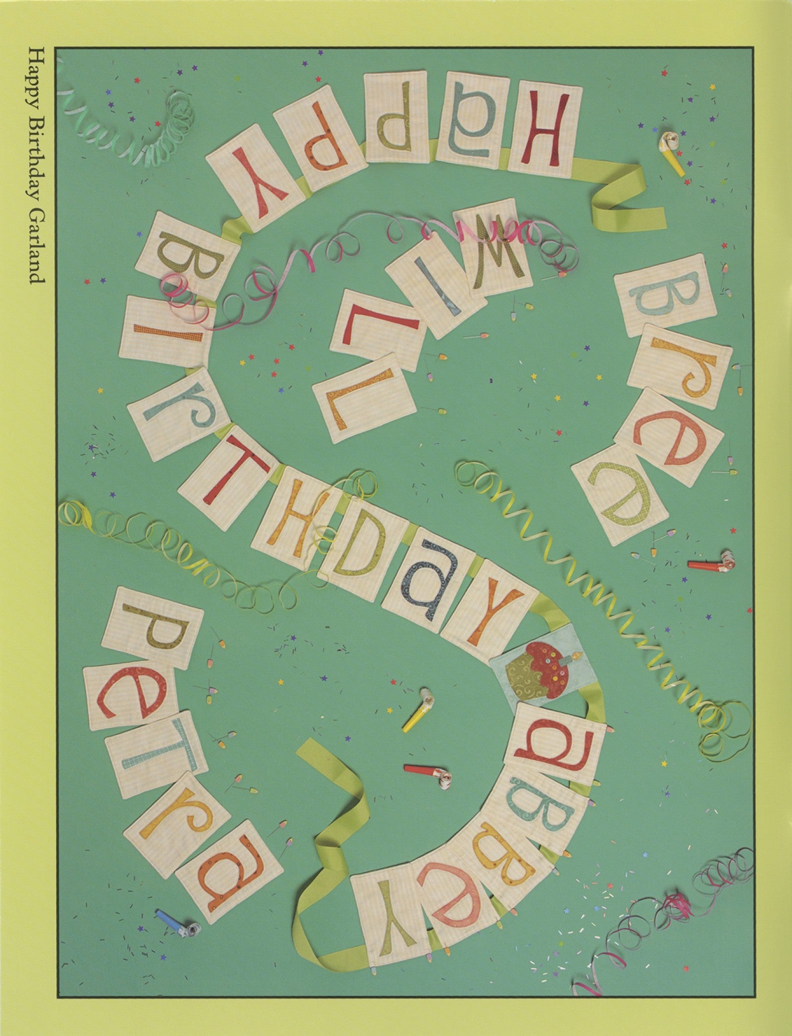 Interior page of the Count On It quilt pattern book by Nancy Halvorsen of Art to Heart, showing a Happy Birthday Garland with interchangeable appliqued letters spelling a child's name.