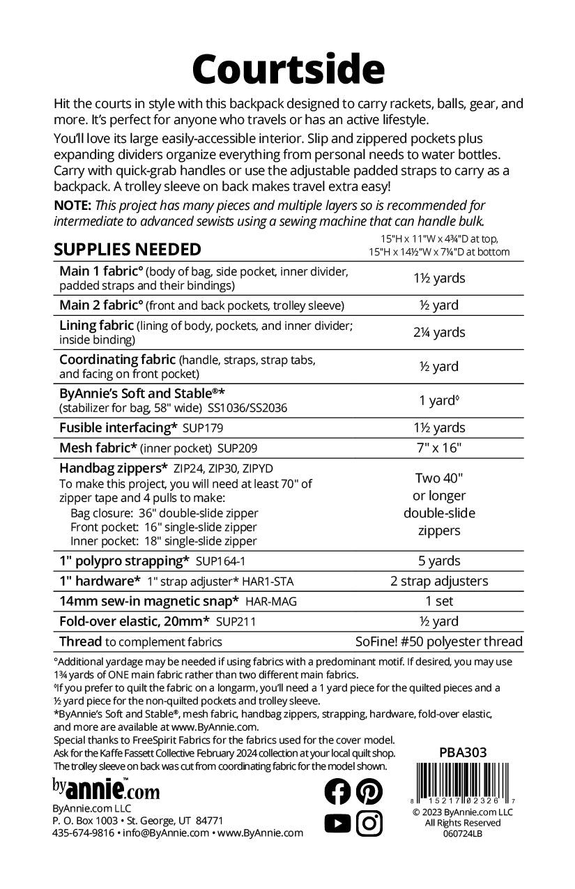 Courtside sewing pattern back cover from ByAnnie listing the finished size and the supplies needed, including main and lining fabric, ByAnnie's Soft and Stable, fusible interfacing, mesh, two double-slide zippers, strapping, strap adjusters, a magnetic snap, and fold-over elastic.