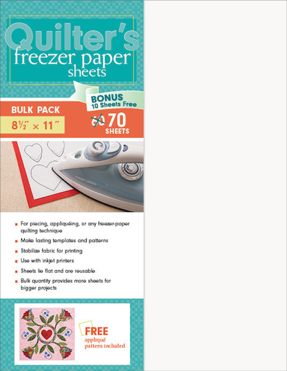 Quilter's Freezer Paper in the packaging, showing 70 sheets and noting free applique pattern included