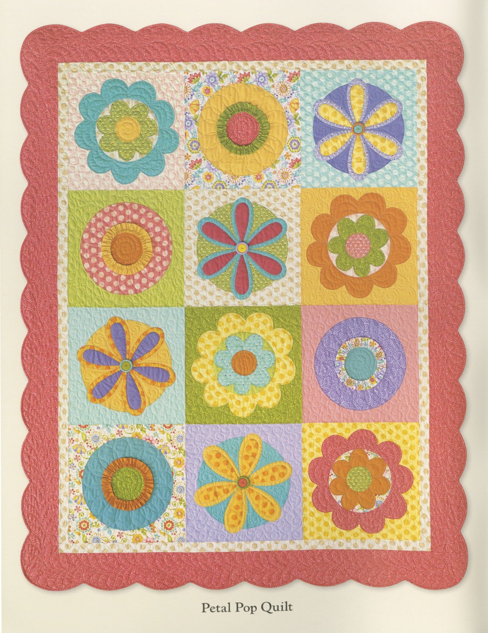 Interior page of the Curiosities and Mischief quilt pattern book by Nancy Halvorsen of Art to Heart, showing the Petal Pop Quilt with appliqued flowers in bright colors and a scalloped border.