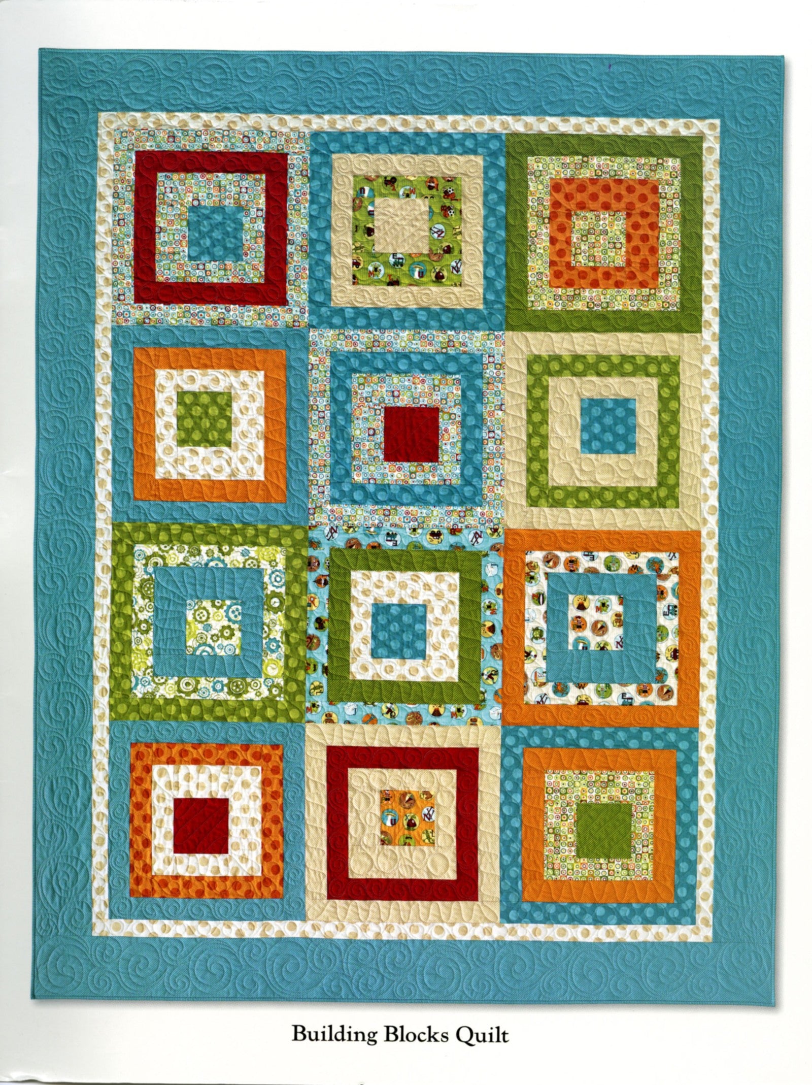 Interior page of the Curiosities and Mischief quilt pattern book by Nancy Halvorsen of Art to Heart, showing the Building Blocks Quilt of square-in-square blocks on a teal background.