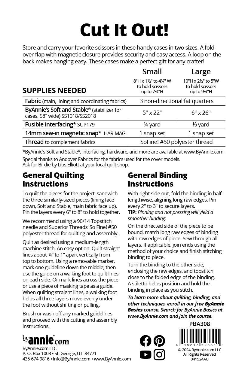 Cut It Out sewing pattern back cover from ByAnnie listing the two sizes and the supplies needed, including three fat quarters, ByAnnie's Soft and Stable, fusible interfacing, and a magnetic snap.