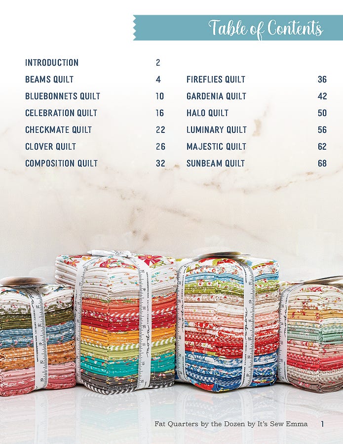 Table of contents from Fat Quarters by the Dozen listing the twelve fat quarter quilt patterns beside a photo of rolled fat quarter bundles.