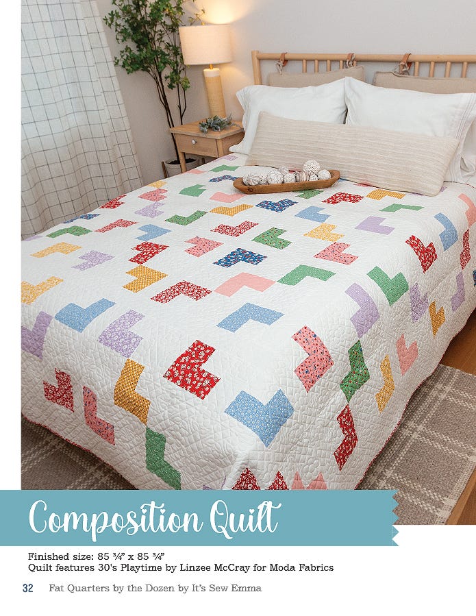 The Composition quilt, 85.75 x 85.75 inches square, scattered patchwork blocks in 1930s-style prints on a bed.