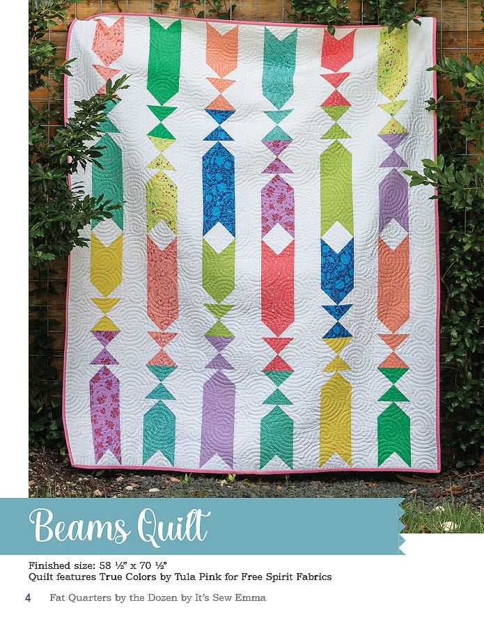 The Beams quilt from Fat Quarters by the Dozen, 58.5 x 70.5 inches, vertical rows of pieced ribbon shapes in bright multicolor prints.