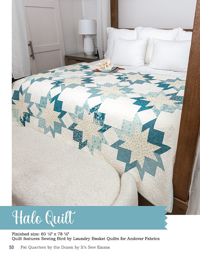 The Halo quilt, 60.5 x 78.5 inches, pieced star rings in teal and navy prints on a bed.