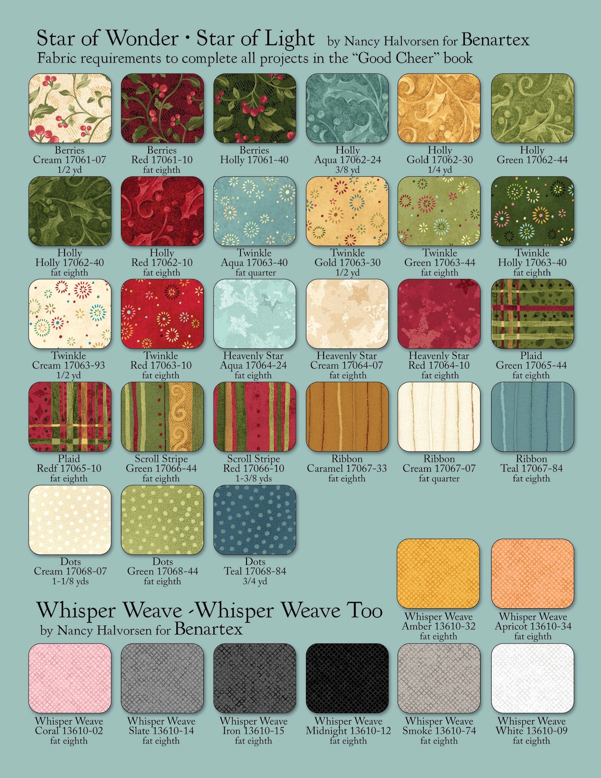 Interior page of the Good Cheer quilt pattern book by Nancy Halvorsen of Art to Heart, showing the fabric requirements chart for the Star of Wonder, Star of Light collection by Benartex, with swatches and yardage for every project.