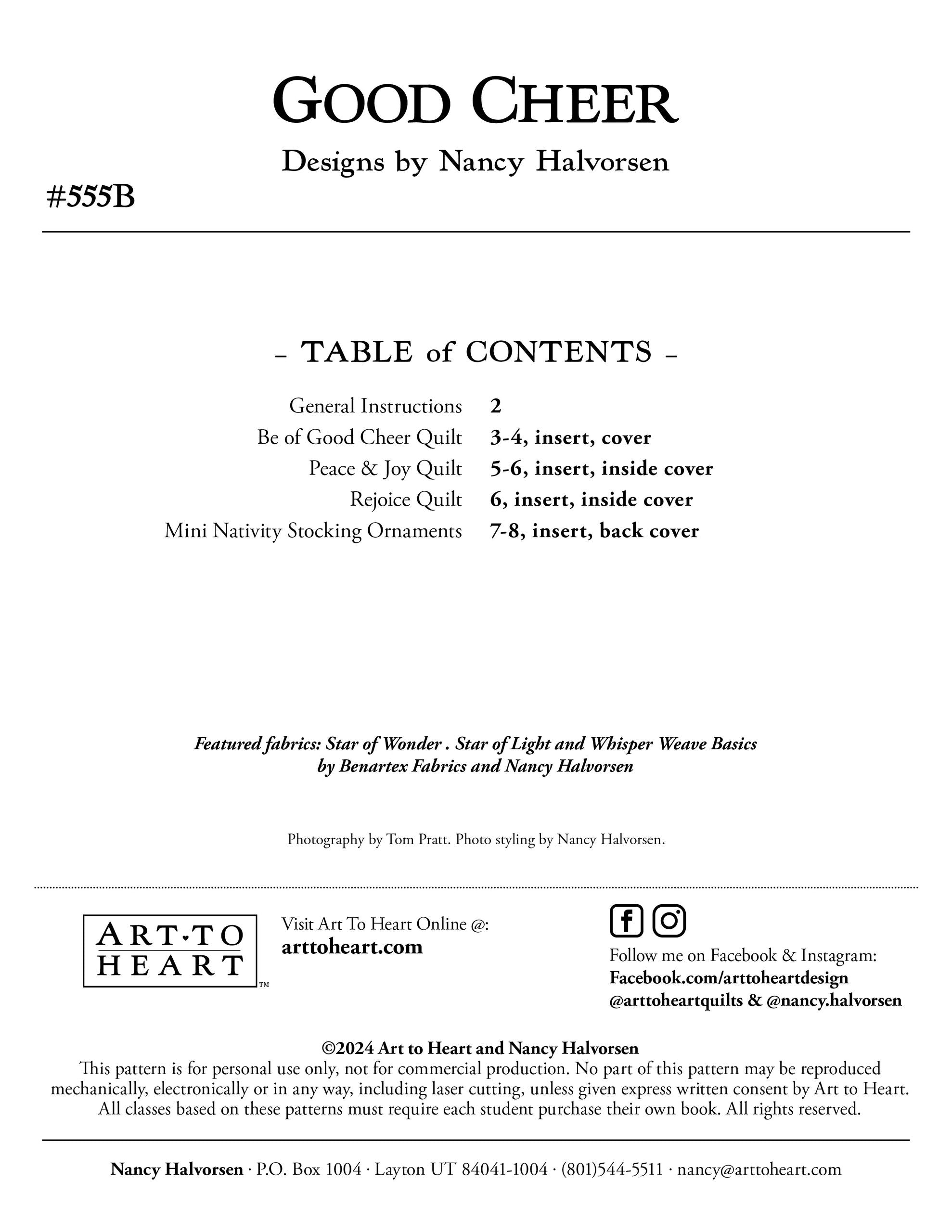 Table of contents page of the Good Cheer quilt pattern book by Nancy Halvorsen of Art to Heart, listing the projects Be of Good Cheer Quilt, Peace and Joy Quilt, Rejoice Quilt, and Mini Nativity Stocking Ornaments with page numbers.
