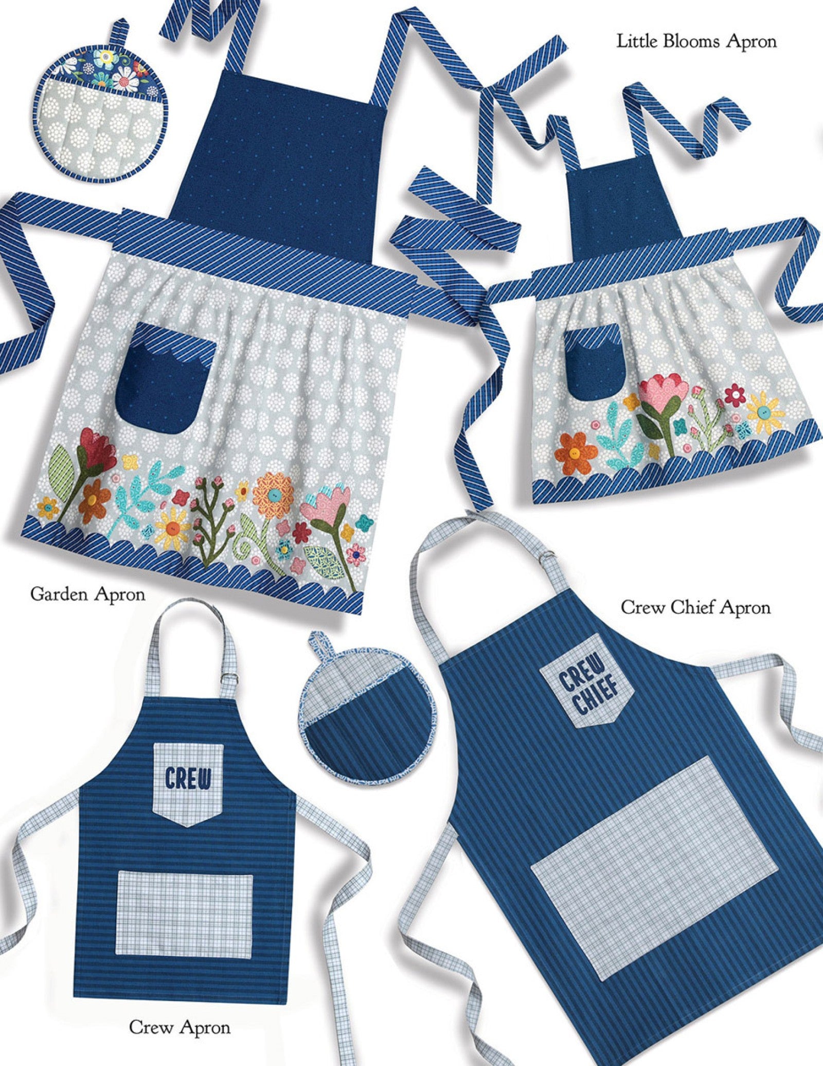 Interior page of the Home Grown quilt pattern book by Nancy Halvorsen of Art to Heart, showing four aprons (Garden, Little Blooms, Crew, and Crew Chief) with matching pot holders in floral and striped fabrics.
