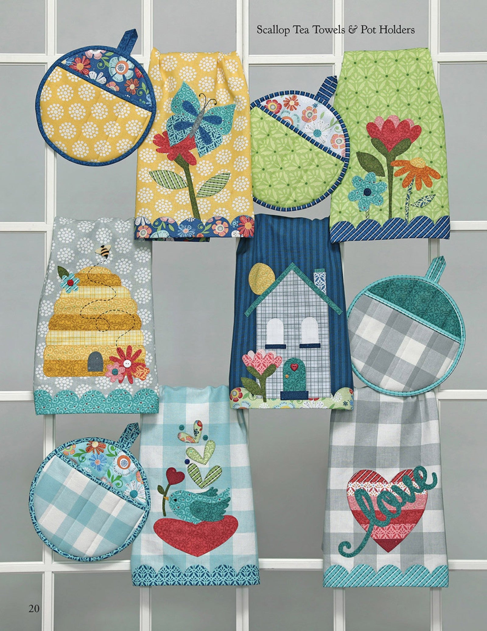 Interior page of the Home Grown quilt pattern book by Nancy Halvorsen of Art to Heart, showing scallop tea towels and pot holders appliqued with flowers, a beehive, a house, and a love heart.