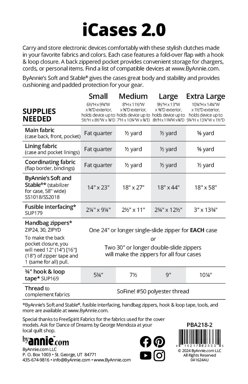 iCases 2.0 sewing pattern back cover from ByAnnie listing the four finished sizes and the supplies needed for each, including main and lining fabric, ByAnnie's Soft and Stable, fusible interfacing, a single-slide zipper, and hook-and-loop tape.