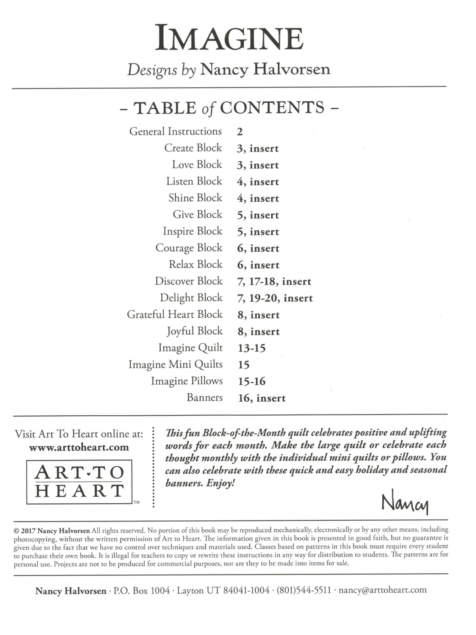 Table of contents page of the Imagine quilt pattern book by Nancy Halvorsen of Art to Heart, listing the projects and their page numbers.