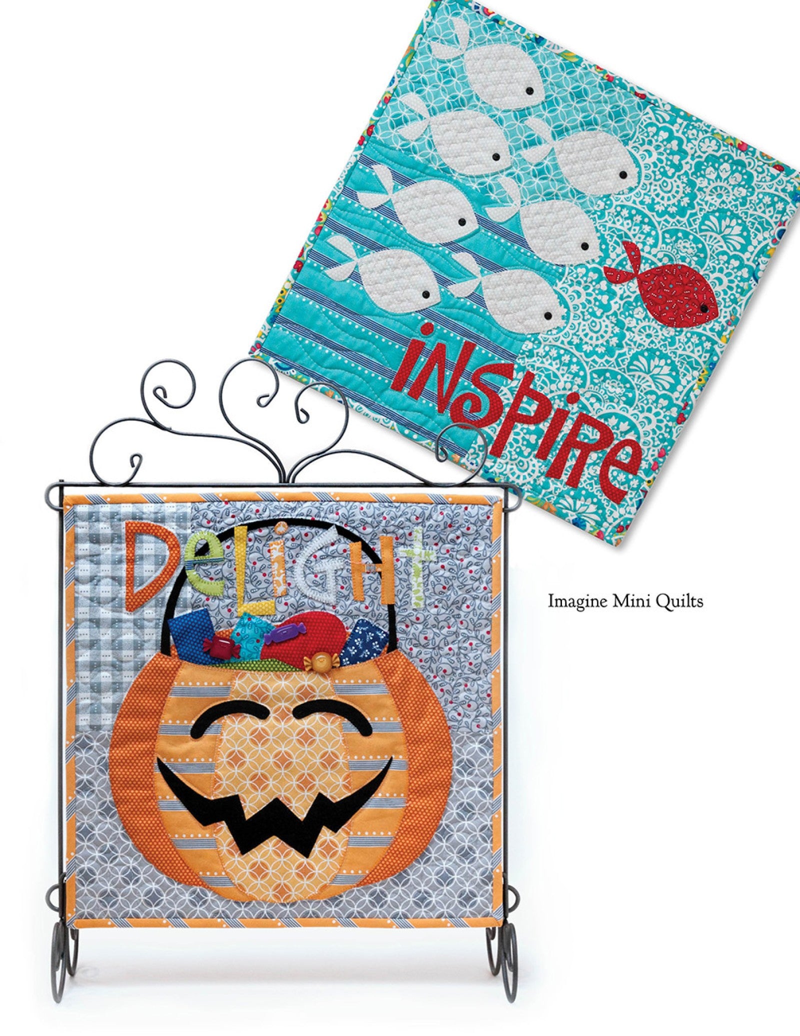 Interior page of the Imagine quilt pattern book by Nancy Halvorsen of Art to Heart, showing the Inspire mini quilt with fish and the Delight mini quilt with a jack-o-lantern.