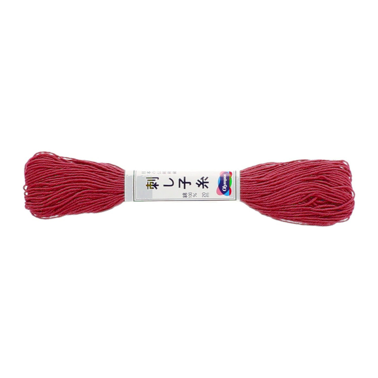Olympus sashiko thread in rose red, a 22-yard skein of deep rose-red matte cotton thread lying horizontally in the printed Olympus paper band, on a white background.