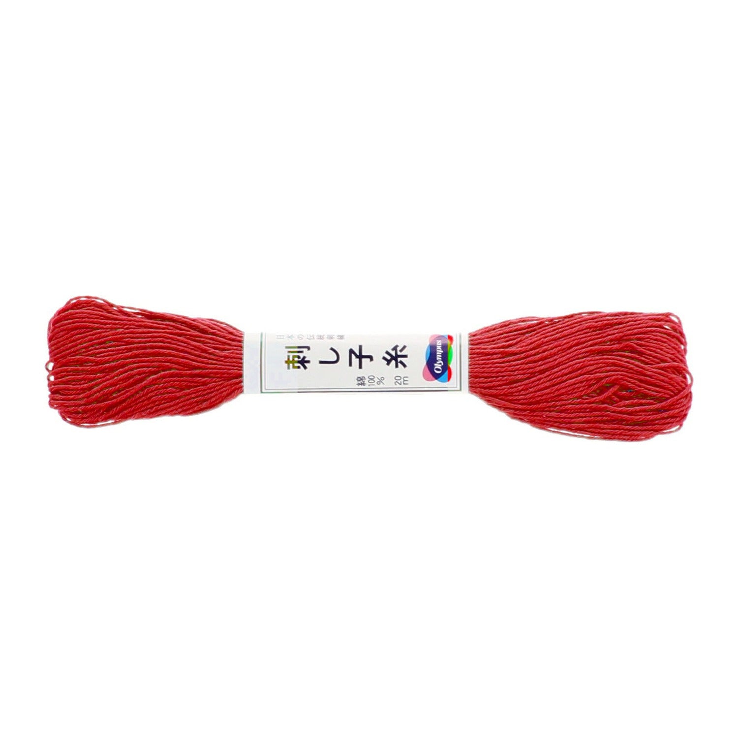 Olympus sashiko thread in red, a 22-yard skein of bright red matte cotton thread lying horizontally in the printed Olympus paper band, on a white background.