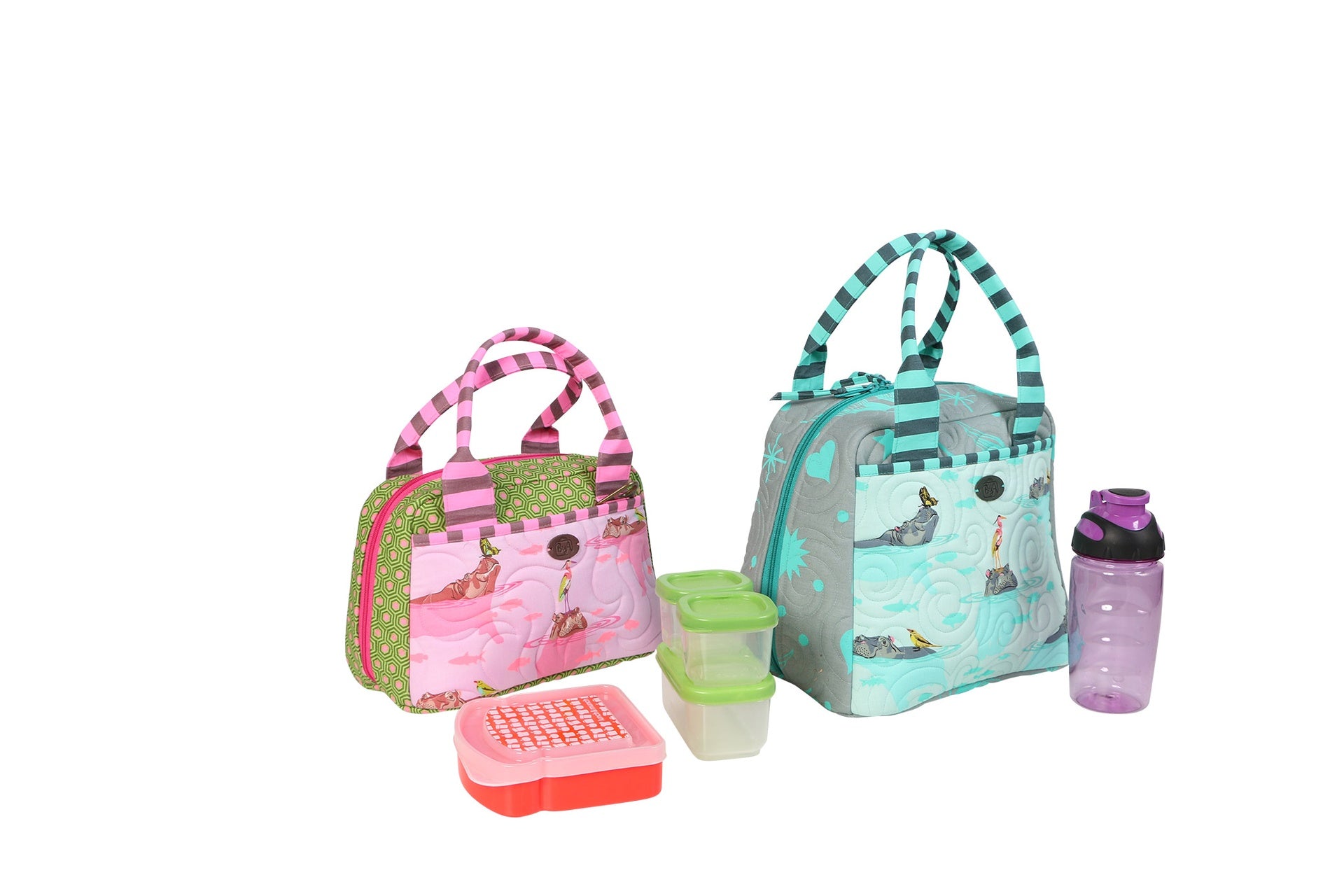 Two Out to Lunch bags, one pink and one teal, standing with food containers and a water bottle, shown as packed lunch bags.
