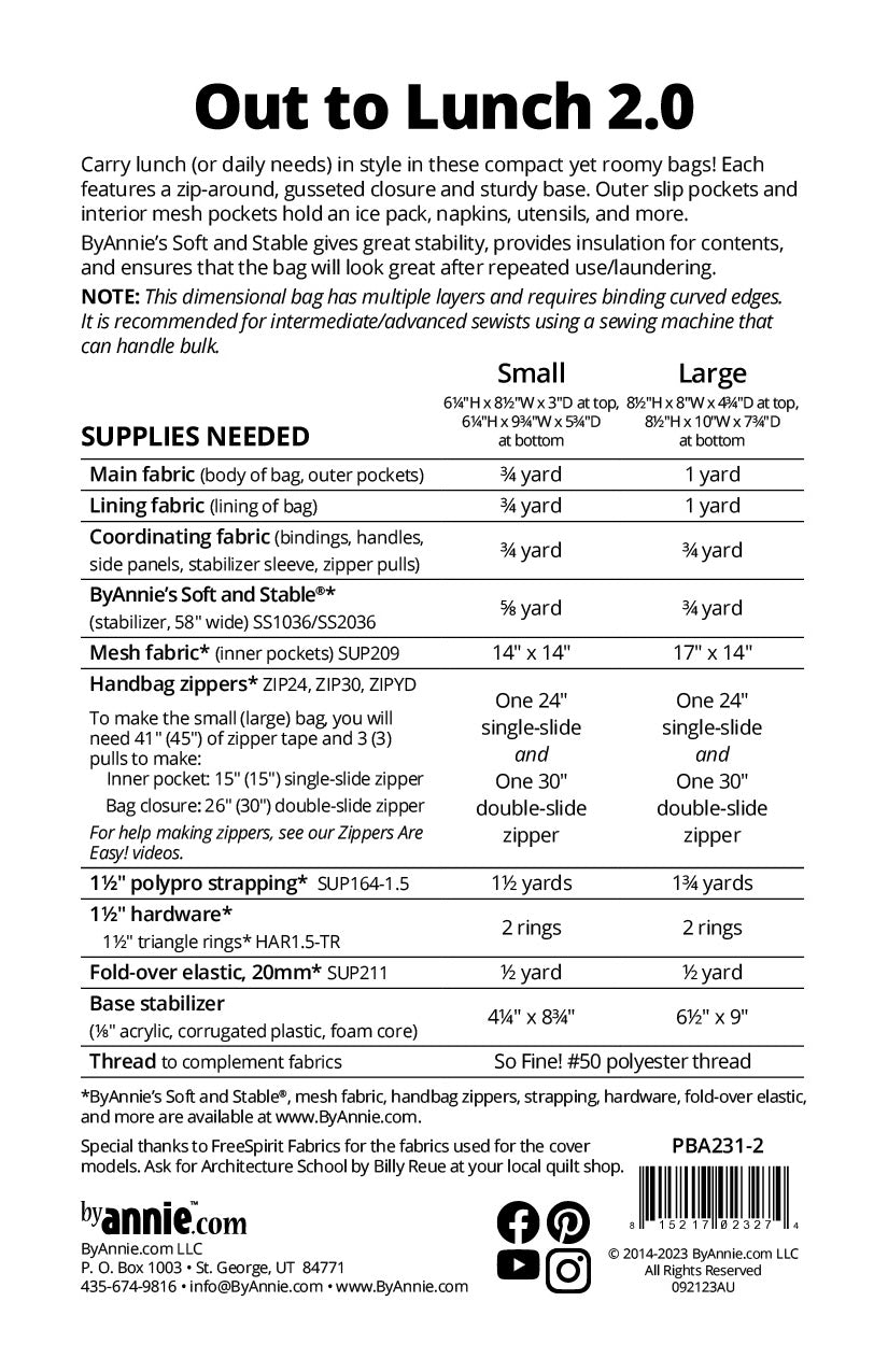 Out to Lunch 2.0 sewing pattern back cover from ByAnnie listing the two finished sizes and the supplies needed, including main and lining fabric, ByAnnie's Soft and Stable, mesh fabric, handbag zippers, strapping, triangle rings, fold-over elastic, and a base stabilizer.
