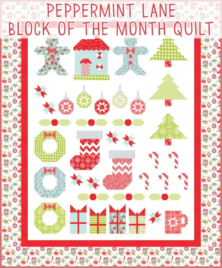 Illustrated layout of the Peppermint Lane Block of the Month quilt, showing all the Christmas picture blocks in the finished quilt.